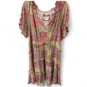 Anthropologie Robin Tiered Mini Dress Patchwork Pink / Green Size Medium